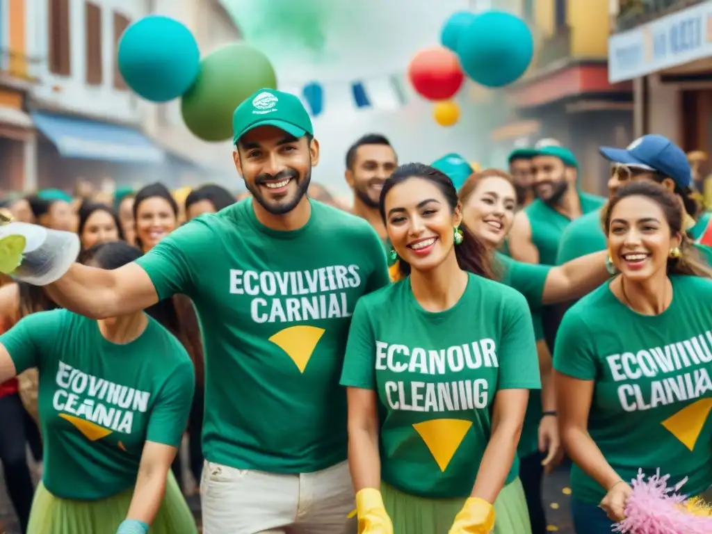 Voluntariado ecológico en Carnaval Uruguayo: Grupo alegre limpia confeti y streamers entre máscaras y tambores festivos