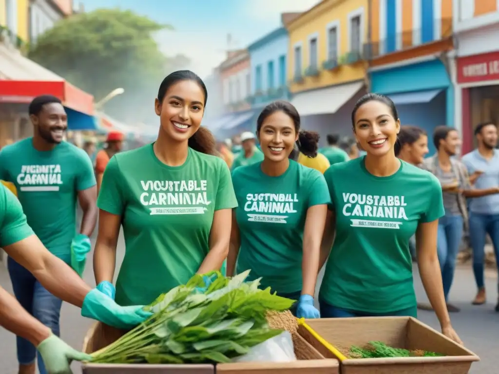 Voluntariado ecológico en Carnaval Uruguayo: Grupo diverso limpia la calle post desfile, uniendo cultura y sostenibilidad